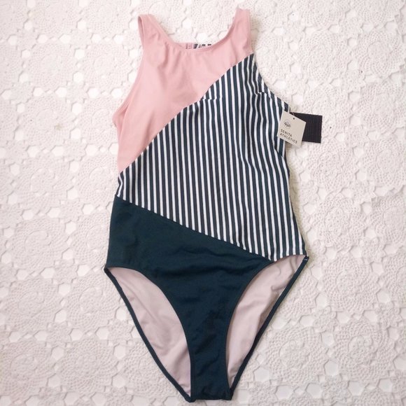 Senita Athletics Other - New Senita Athletics XXL Women One Piece Swimsuit Open Back Pink Green Stripe
